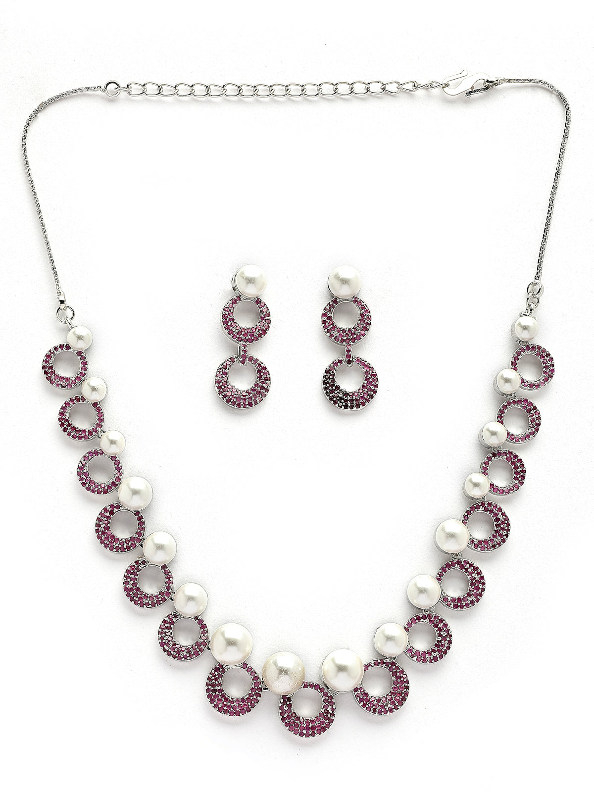 Sukkhi External Stylish Rhodium Plated with Cubic Zirconia & Pearl Studded Red Brass Collar Necklace with Drop Earrings Jewellery Set for Women|Latest Stylish Gifts for All Occasions|NS116021