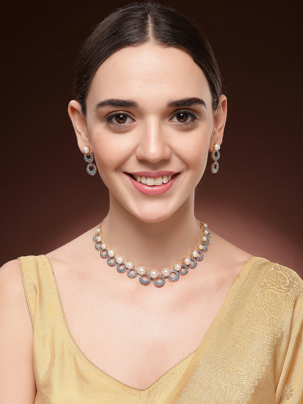 Sukkhi Modern Round Design Gold Plated with Cubic Zirconia & Pearl Studded Blue Brass Collar Necklace with Drop Earrings Jewellery Set for Women|Latest Stylish Gifts for All Occasions|NS116024