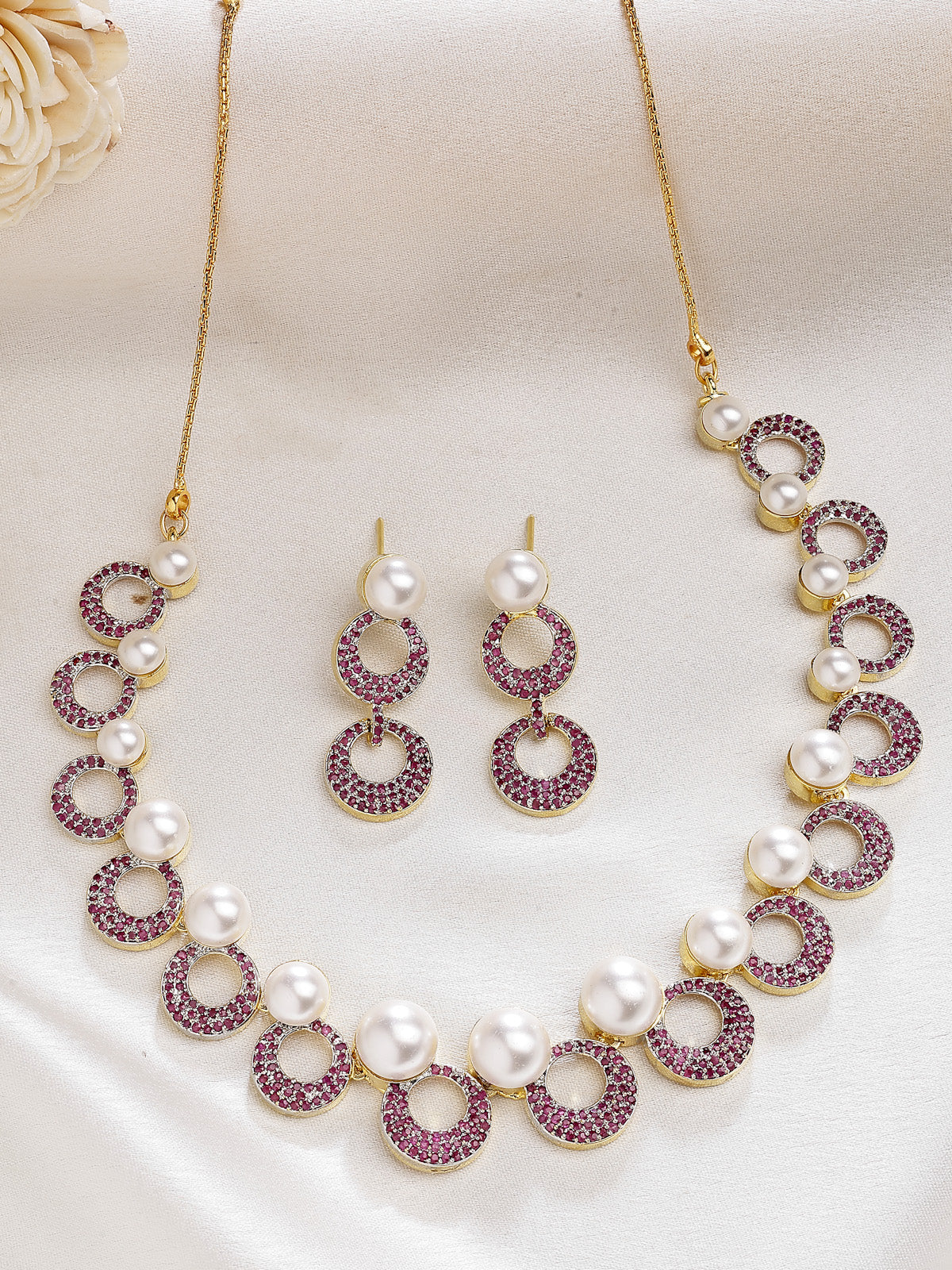 Sukkhi Bewitching Round Design Gold Plated with Cubic Zirconia & Pearl Studded Red Brass Collar Necklace with Drop Earrings Jewellery Set for Women|Latest Stylish Gifts for All Occasions|NS116025