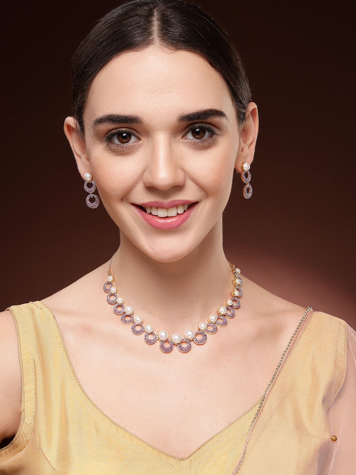 Sukkhi Bewitching Round Design Gold Plated with Cubic Zirconia & Pearl Studded Red Brass Collar Necklace with Drop Earrings Jewellery Set for Women|Latest Stylish Gifts for All Occasions|NS116025