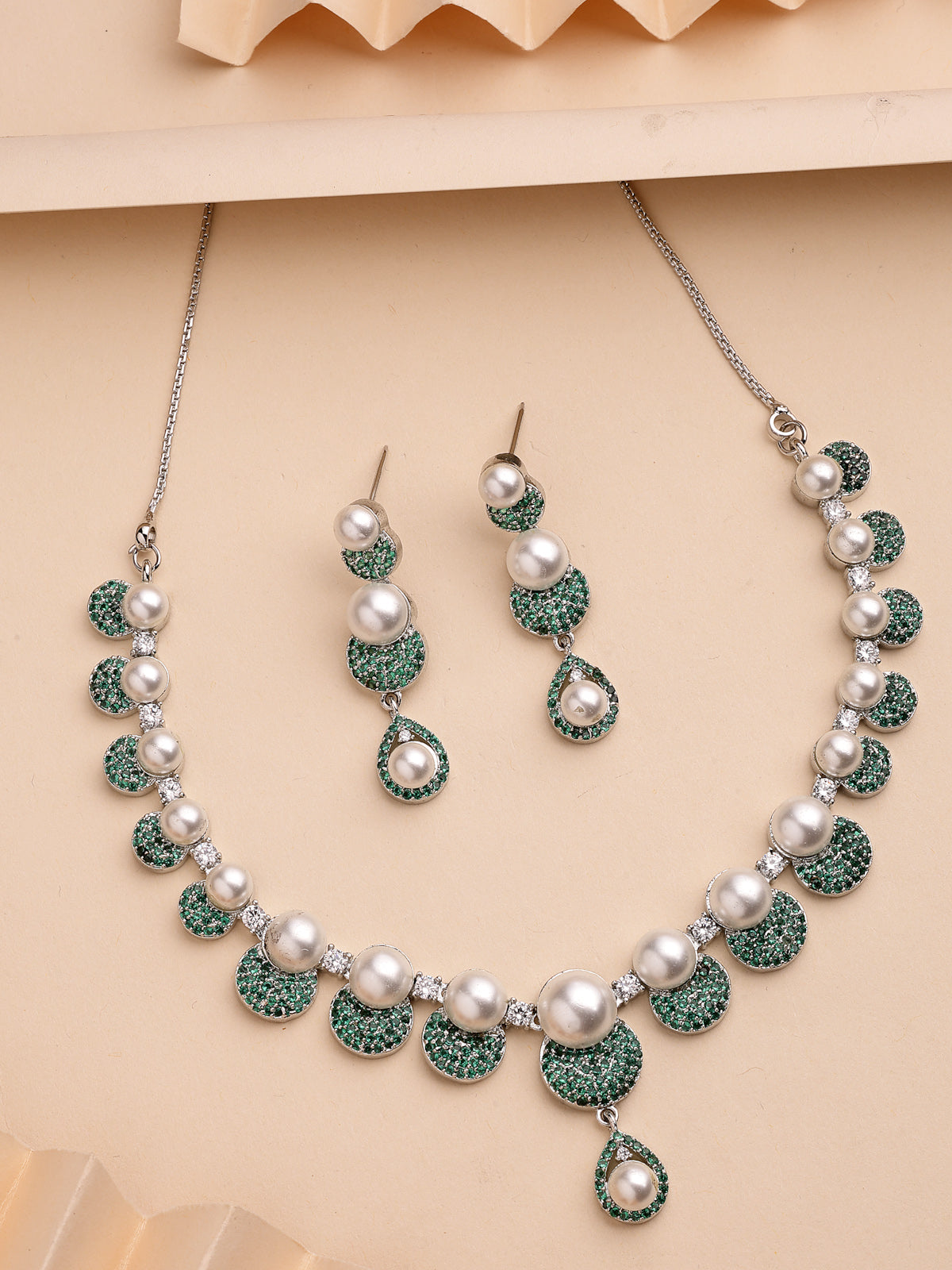 Sukkhi Charming Round Design Rhodium Plated with Cubic Zirconia & Pearl Studded Green Brass Collar Necklace with Drop Earrings Jewellery Set for Women|Latest Stylish Gifts for All Occasions|NS116027