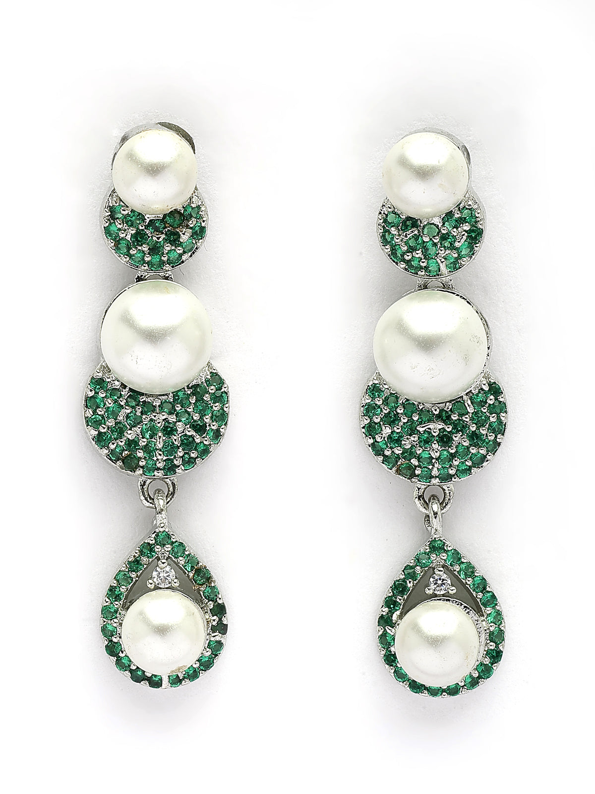 Sukkhi Charming Round Design Rhodium Plated with Cubic Zirconia & Pearl Studded Green Brass Collar Necklace with Drop Earrings Jewellery Set for Women|Latest Stylish Gifts for All Occasions|NS116027