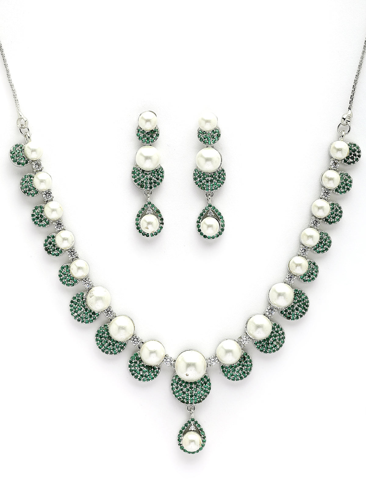 Sukkhi Charming Round Design Rhodium Plated with Cubic Zirconia & Pearl Studded Green Brass Collar Necklace with Drop Earrings Jewellery Set for Women|Latest Stylish Gifts for All Occasions|NS116027