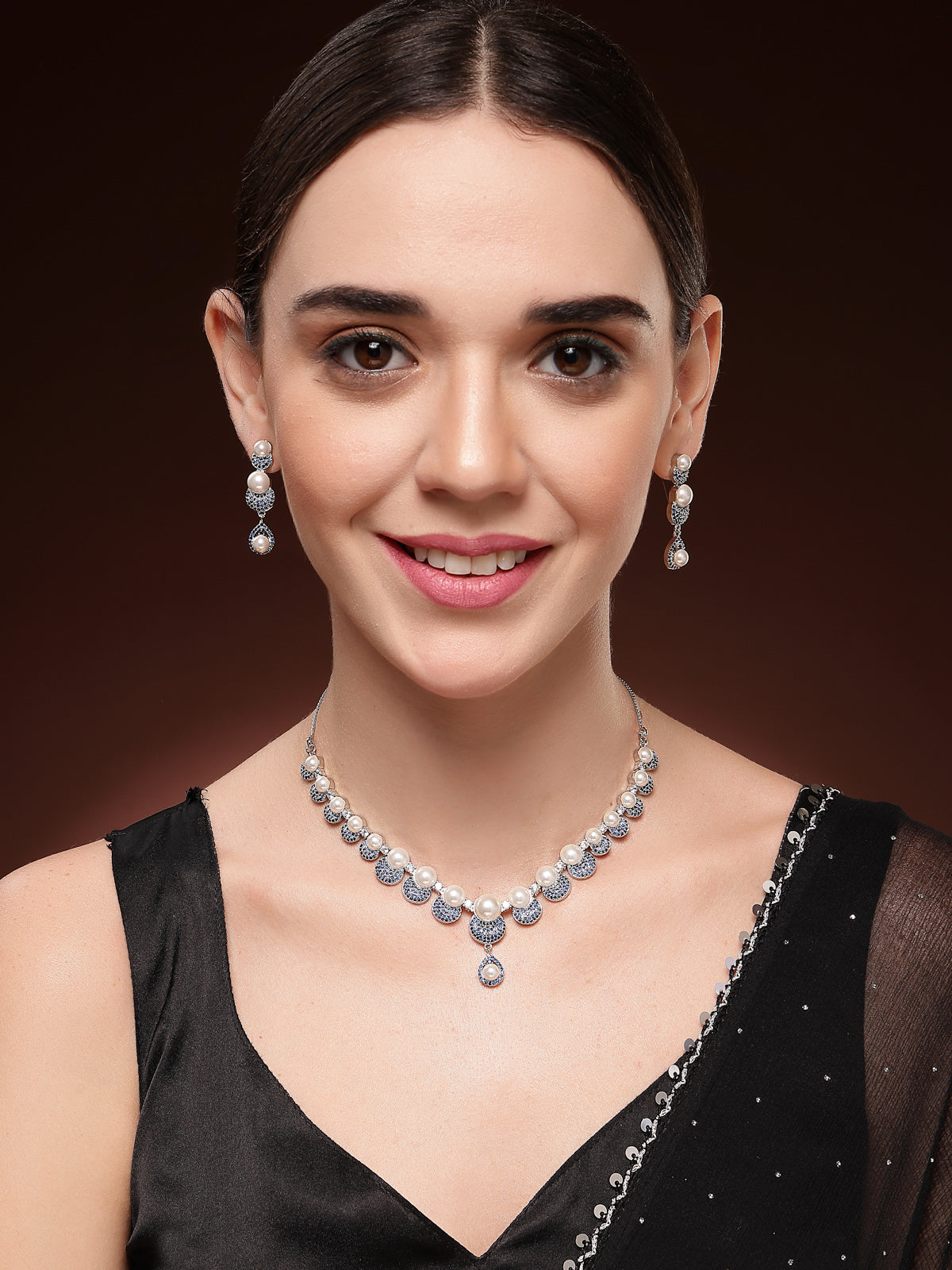 Sukkhi Smart Round Design Rhodium Plated with Cubic Zirconia & Pearl Studded Blue Brass Collar Necklace with Drop Earrings Jewellery Set for Women|Latest Stylish Gifts for All Occasions|NS116028