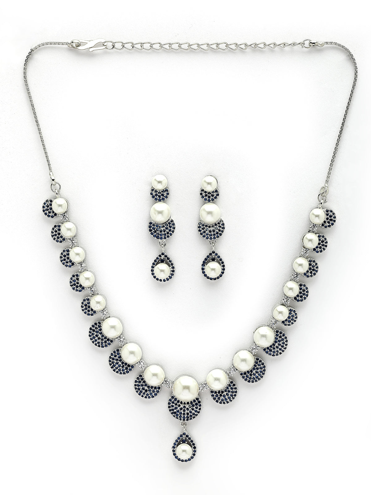Sukkhi Smart Round Design Rhodium Plated with Cubic Zirconia & Pearl Studded Blue Brass Collar Necklace with Drop Earrings Jewellery Set for Women|Latest Stylish Gifts for All Occasions|NS116028