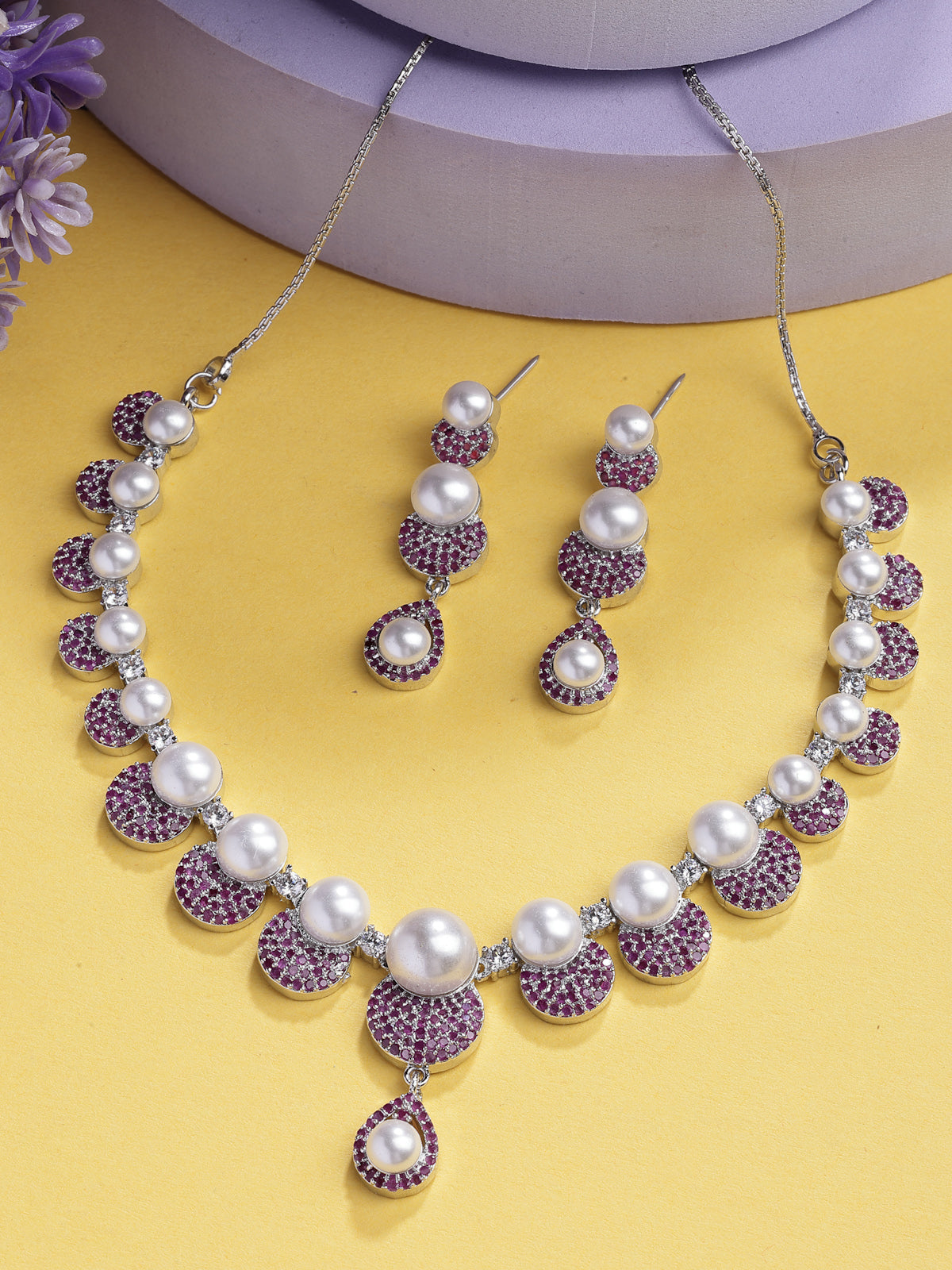 Sukkhi Flawless Round Design Rhodium Plated with Cubic Zirconia & Pearl Studded Red Brass Collar Necklace with Drop Earrings Jewellery Set for Women|Latest Stylish Gifts for All Occasions|NS116029