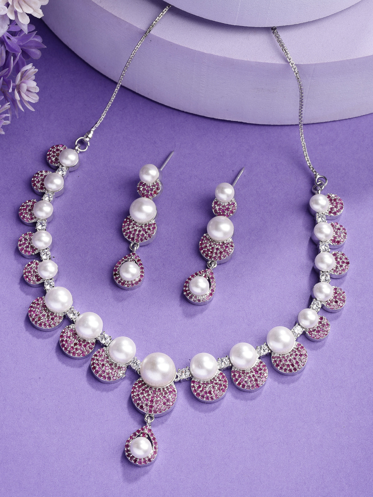 Sukkhi Flawless Round Design Rhodium Plated with Cubic Zirconia & Pearl Studded Red Brass Collar Necklace with Drop Earrings Jewellery Set for Women|Latest Stylish Gifts for All Occasions|NS116029