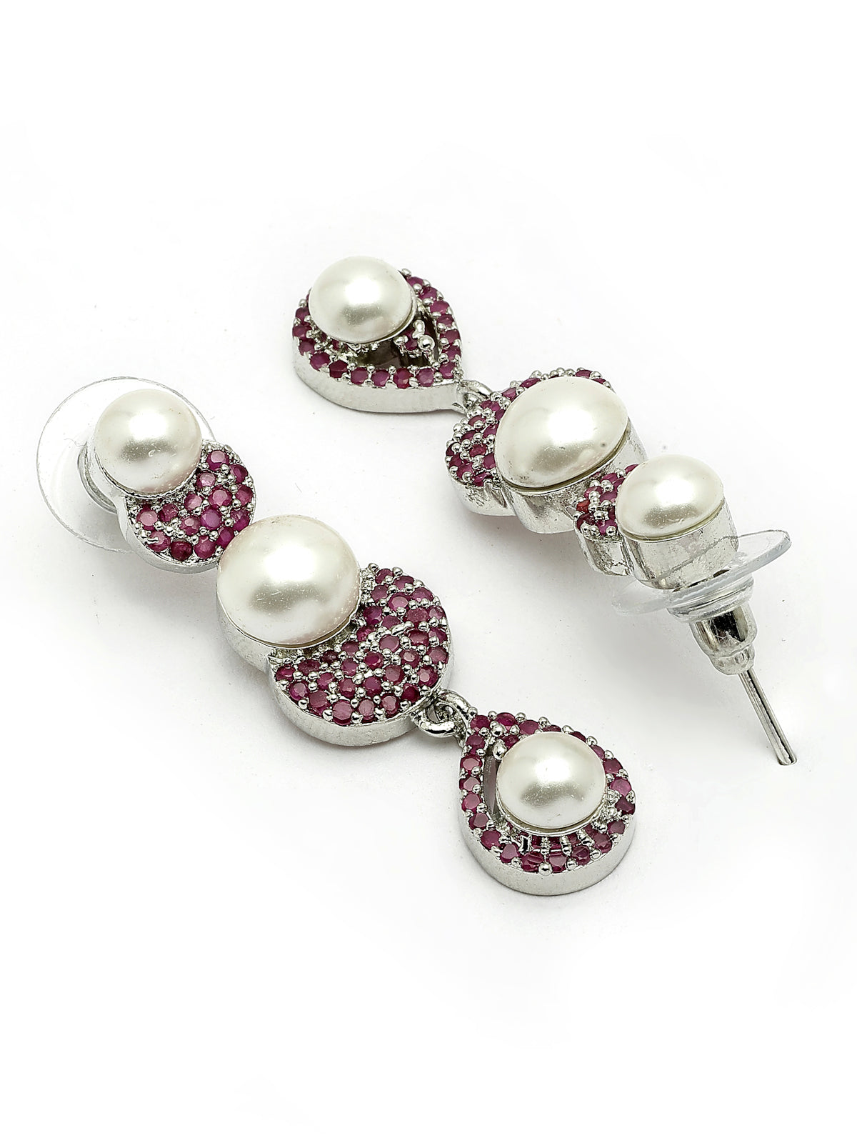 Sukkhi Flawless Round Design Rhodium Plated with Cubic Zirconia & Pearl Studded Red Brass Collar Necklace with Drop Earrings Jewellery Set for Women|Latest Stylish Gifts for All Occasions|NS116029