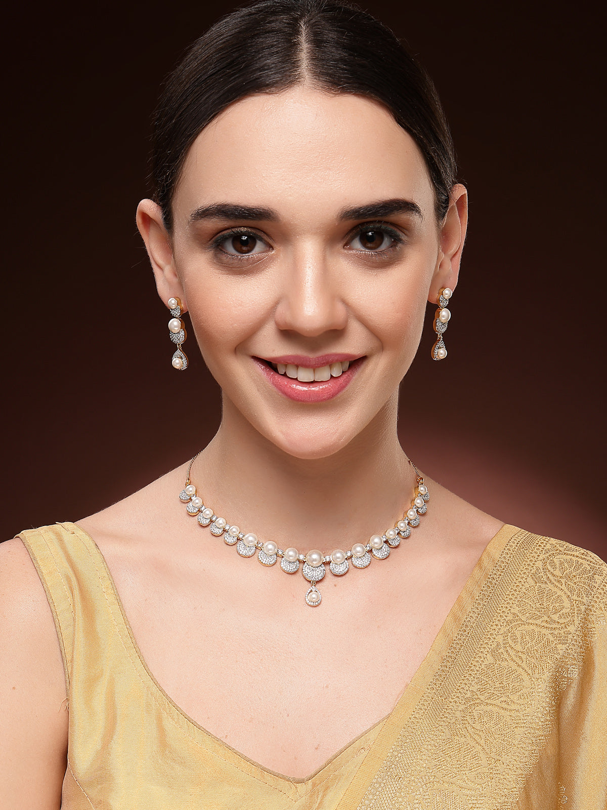 Sukkhi Versatile Round Design Gold Plated with Cubic Zirconia & Pearl Studded White Brass Collar Necklace with Drop Earrings Jewellery Set for Women|Latest Stylish Gifts for All Occasions|NS116030