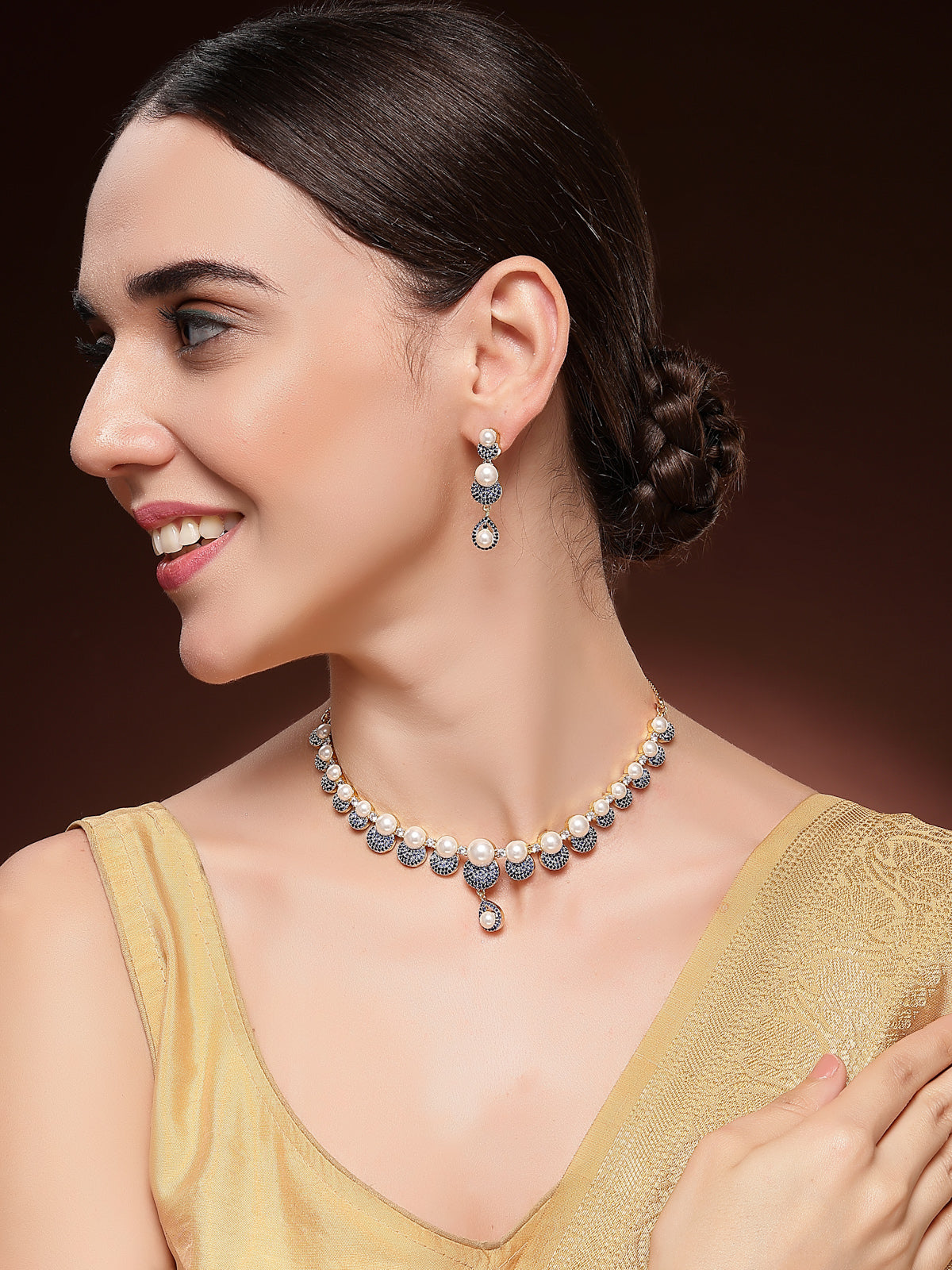 Sukkhi Splendid Geometric Design Gold Plated with Cubic Zirconia & Pearl Studded Blue Brass Collar Necklace with Drop Earrings Jewellery Set for Women|Latest Stylish Gifts for All Occasions|NS116032