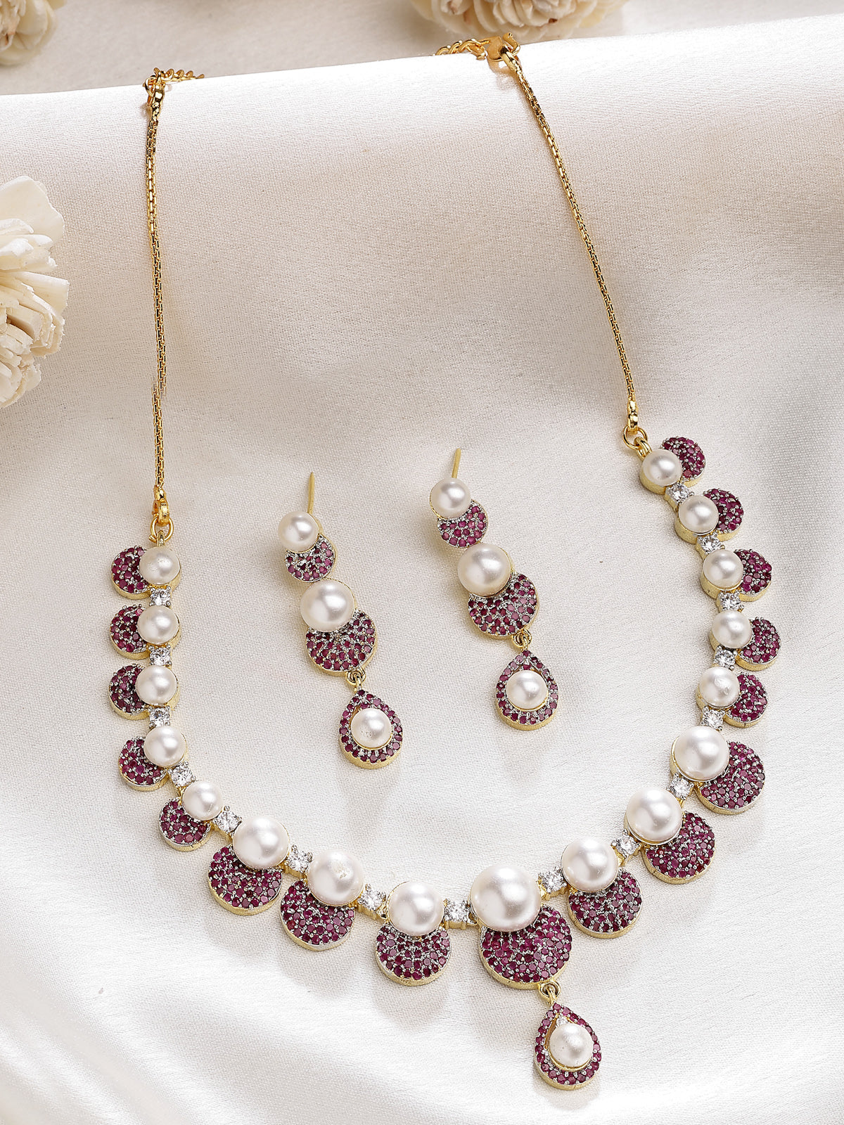 Sukkhi Sparkling Round Design Gold Plated with Cubic Zirconia & Pearl Studded Red Brass Collar Necklace with Drop Earrings Jewellery Set for Women|Latest Stylish Gifts for All Occasions|NS116033
