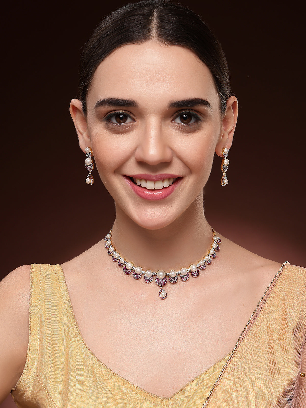 Sukkhi Sparkling Round Design Gold Plated with Cubic Zirconia & Pearl Studded Red Brass Collar Necklace with Drop Earrings Jewellery Set for Women|Latest Stylish Gifts for All Occasions|NS116033