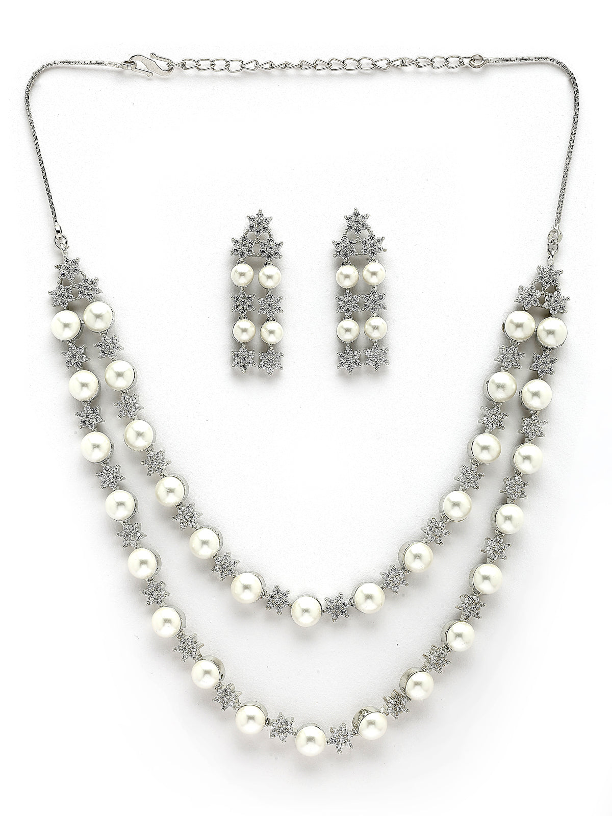 Sukkhi Iconic Floral Design Rhodium Plated with CZ & Pearl Studded Brass White Two Layered Collar Necklace with Drop Earrings Jewellery Set for Women|Latest Stylish Gifts for All Occasions|NS116034