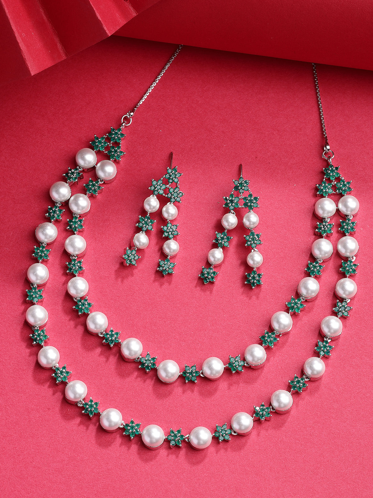 Sukkhi Floral Design Rhodium Plated with CZ & Pearl Studded Brass Emerald Green Two Layered Collar Necklace with Drop Earrings Jewellery Set for Women|Latest Stylish Gifts for All Occasions|NS116035