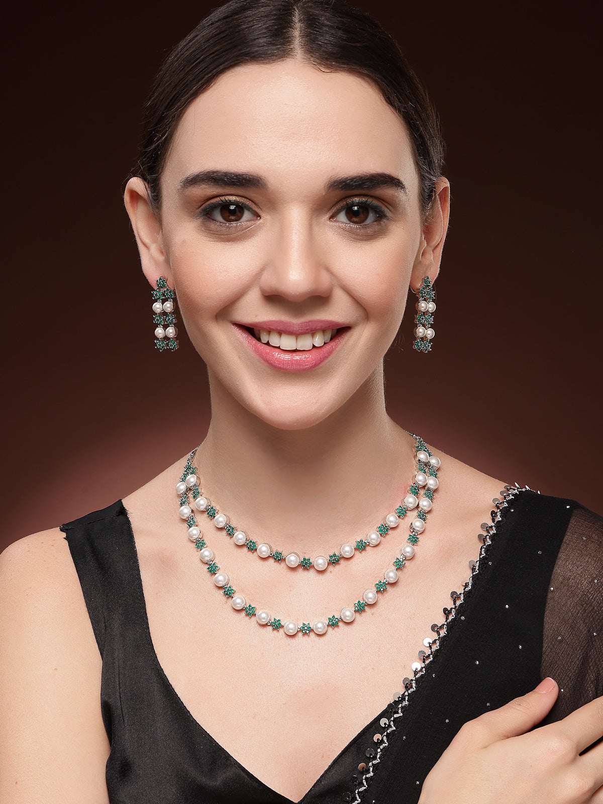 Sukkhi Floral Design Rhodium Plated with CZ & Pearl Studded Brass Emerald Green Two Layered Collar Necklace with Drop Earrings Jewellery Set for Women|Latest Stylish Gifts for All Occasions|NS116035