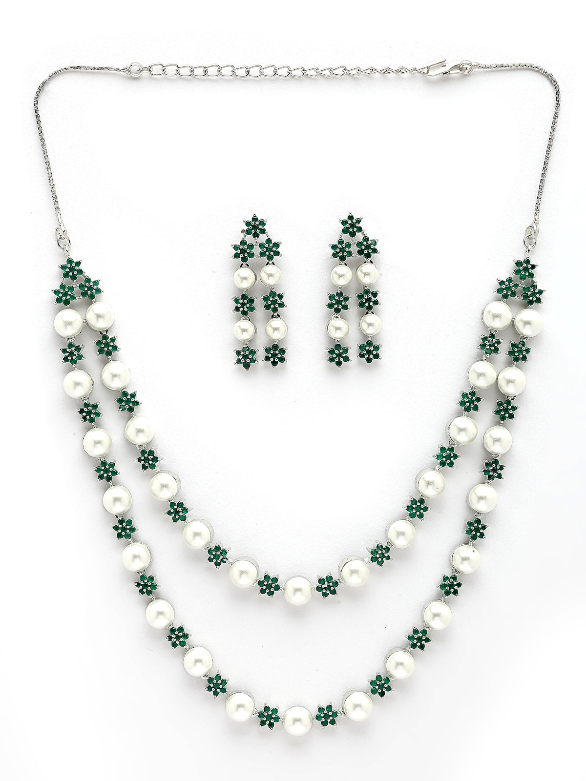 Sukkhi Floral Design Rhodium Plated with CZ & Pearl Studded Brass Emerald Green Two Layered Collar Necklace with Drop Earrings Jewellery Set for Women|Latest Stylish Gifts for All Occasions|NS116035