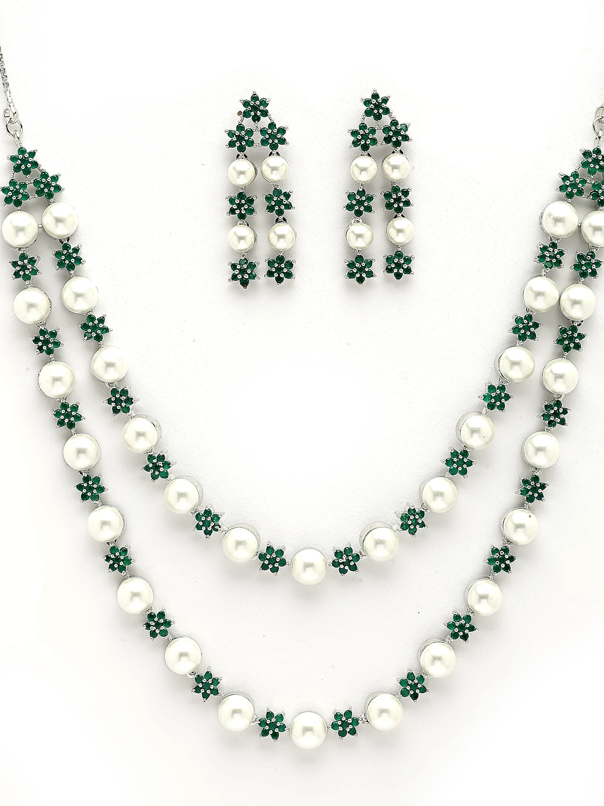 Sukkhi Floral Design Rhodium Plated with CZ & Pearl Studded Brass Emerald Green Two Layered Collar Necklace with Drop Earrings Jewellery Set for Women|Latest Stylish Gifts for All Occasions|NS116035