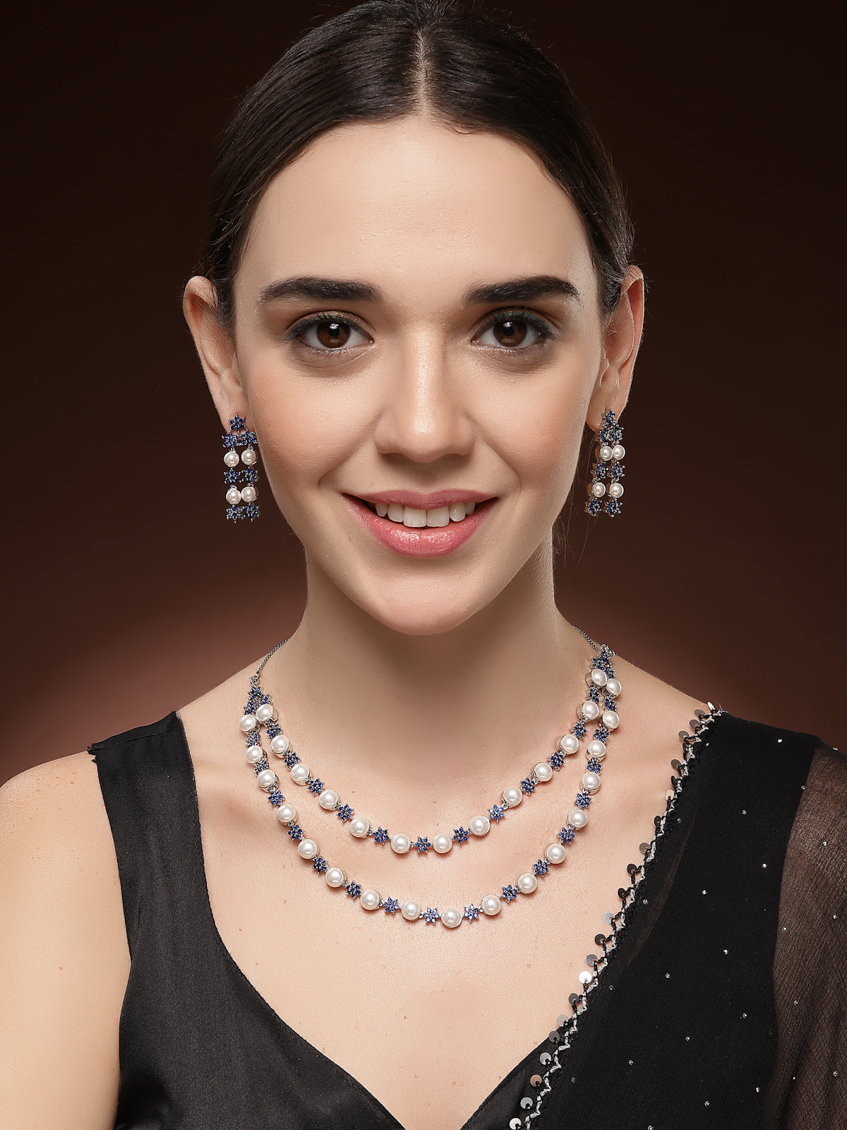 Sukkhi Desirable Blue Floral Design Rhodium Plated with CZ & Pearl Studded Brass Two Layered Collar Necklace with Drop Earrings Jewellery Set for Women|Latest Stylish Gifts for All Occasions|NS116036