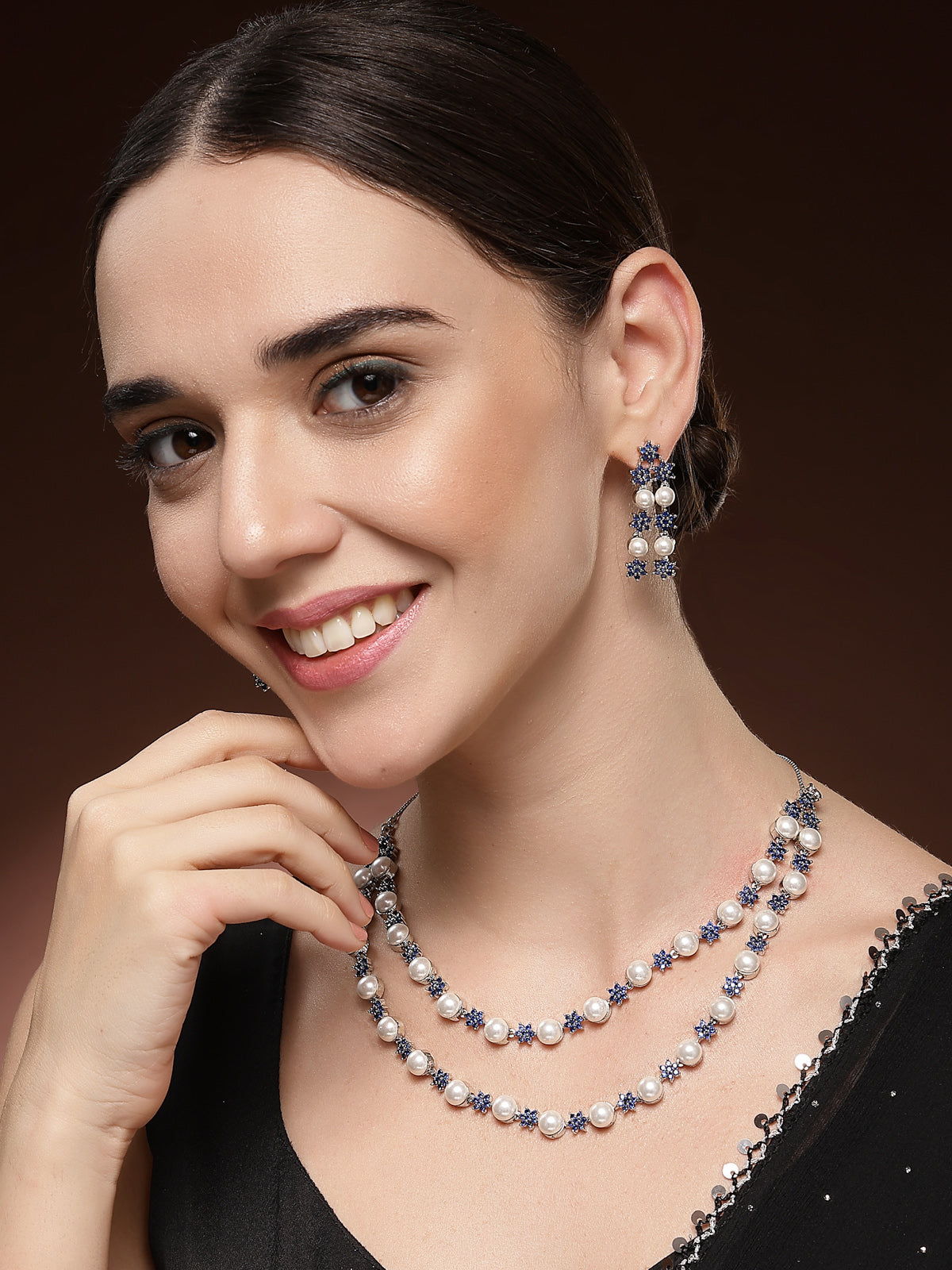 Sukkhi Desirable Blue Floral Design Rhodium Plated with CZ & Pearl Studded Brass Two Layered Collar Necklace with Drop Earrings Jewellery Set for Women|Latest Stylish Gifts for All Occasions|NS116036