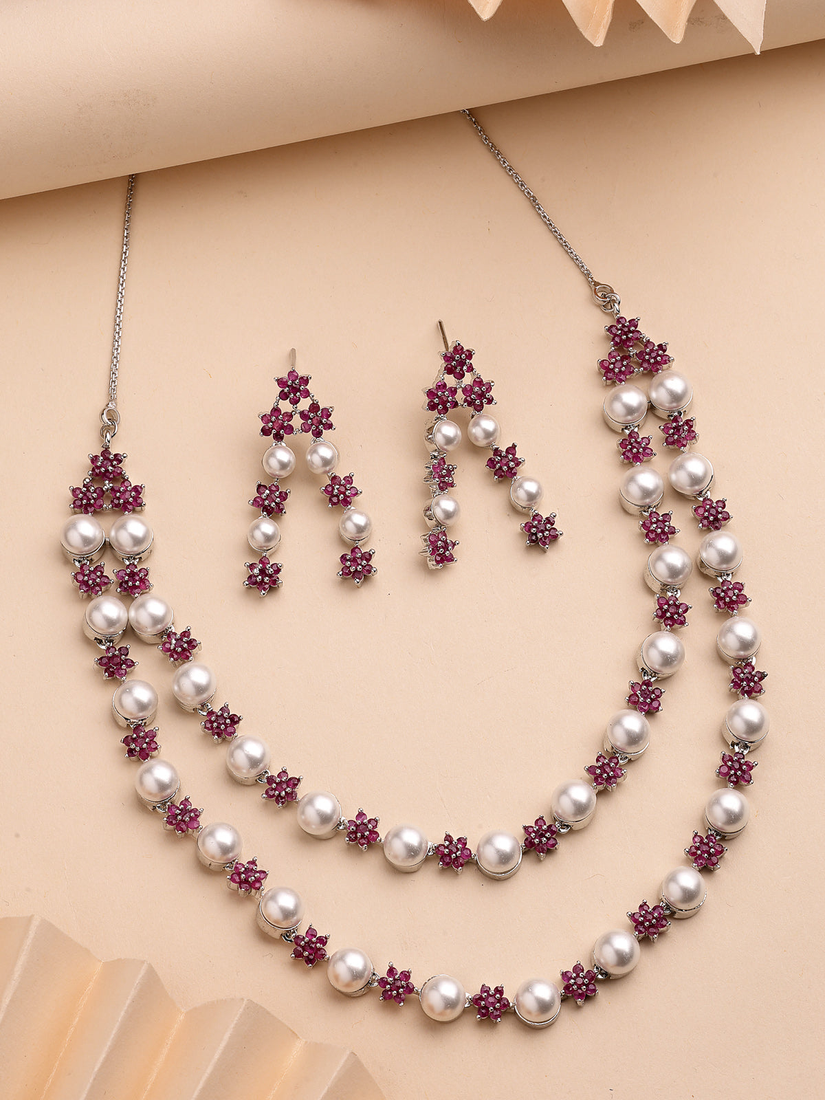 Sukkhi Lovely Red Floral Design Rhodium Plated with CZ & Pearl Studded Brass Two Layered Collar Necklace with Drop Earrings Jewellery Set for Women|Latest Stylish Gifts for All Occasions|NS116037