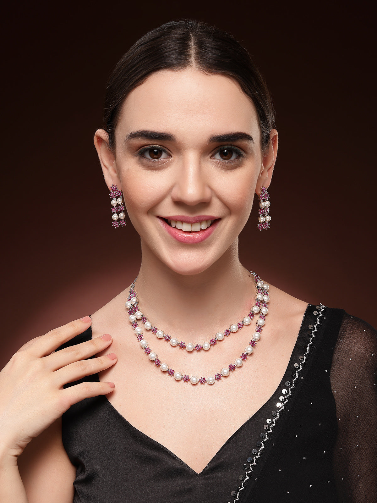 Sukkhi Lovely Red Floral Design Rhodium Plated with CZ & Pearl Studded Brass Two Layered Collar Necklace with Drop Earrings Jewellery Set for Women|Latest Stylish Gifts for All Occasions|NS116037