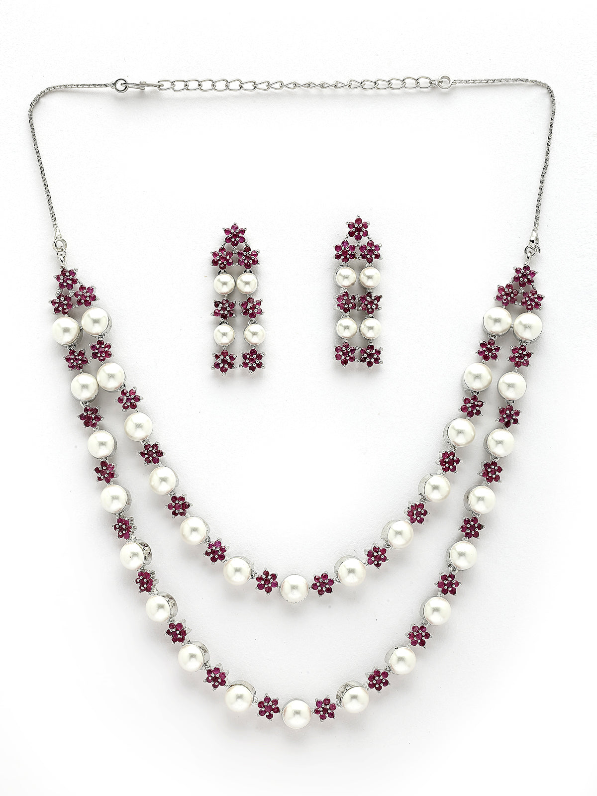 Sukkhi Lovely Red Floral Design Rhodium Plated with CZ & Pearl Studded Brass Two Layered Collar Necklace with Drop Earrings Jewellery Set for Women|Latest Stylish Gifts for All Occasions|NS116037