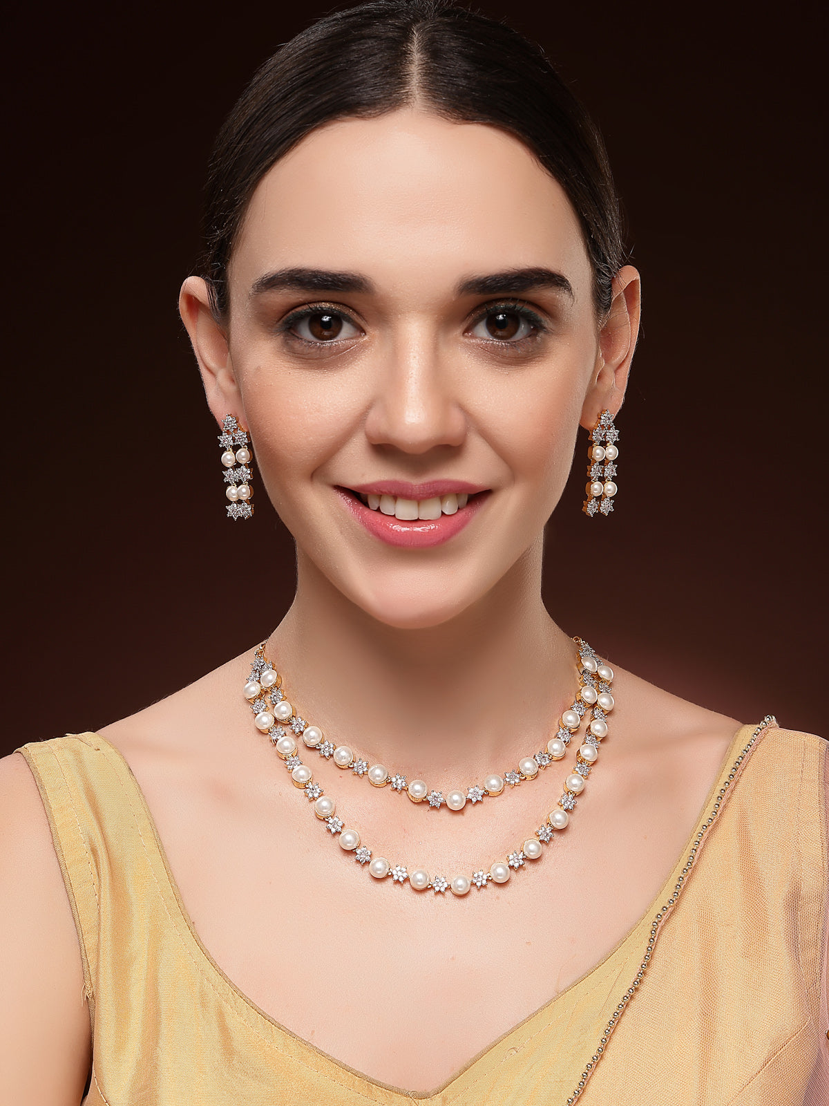 Sukkhi Creative Floral Design Gold Plated with CZ & Pearl Studded White Brass Two Layered Collar Necklace with Drop Earrings Jewellery Set for Women|Latest Stylish Gifts for All Occasions|NS116038