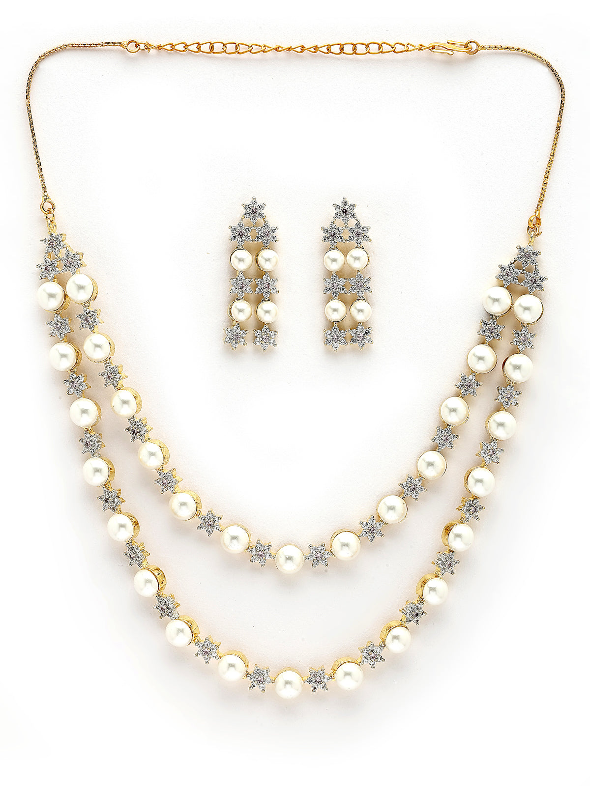 Sukkhi Creative Floral Design Gold Plated with CZ & Pearl Studded White Brass Two Layered Collar Necklace with Drop Earrings Jewellery Set for Women|Latest Stylish Gifts for All Occasions|NS116038