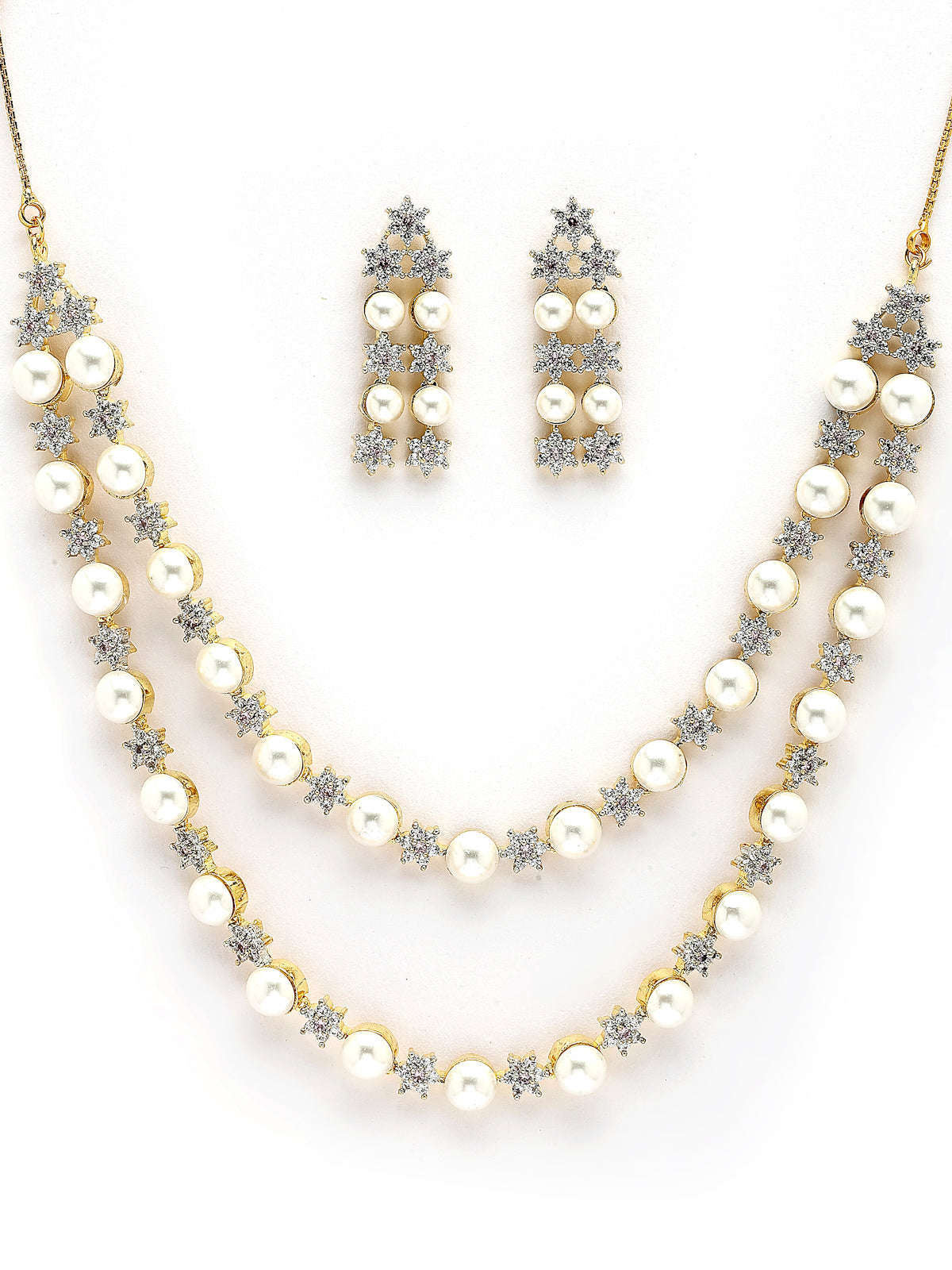 Sukkhi Creative Floral Design Gold Plated with CZ & Pearl Studded White Brass Two Layered Collar Necklace with Drop Earrings Jewellery Set for Women|Latest Stylish Gifts for All Occasions|NS116038