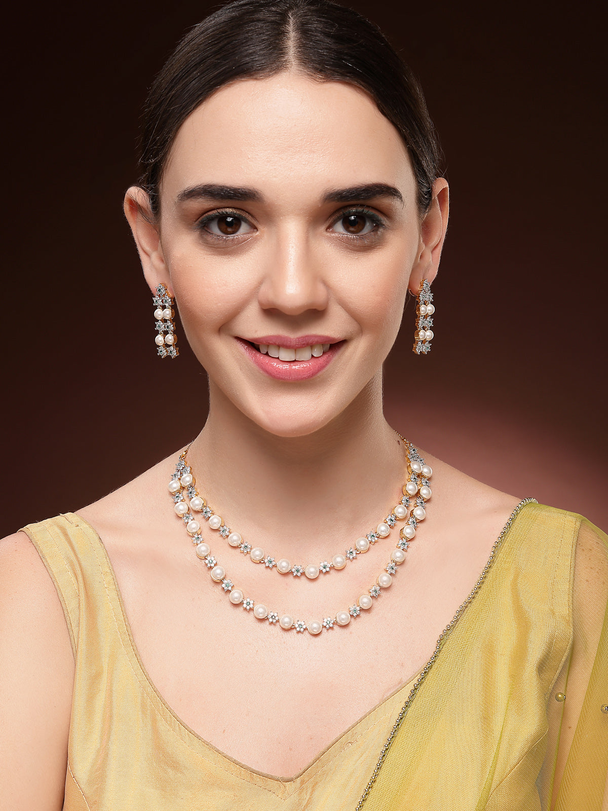 Sukkhi Delicate Floral Design Gold Plated with CZ & Pearl Studded Green Brass Two Layered Collar Necklace with Drop Earrings Jewellery Set for Women|Latest Stylish Gifts for All Occasions|NS116039