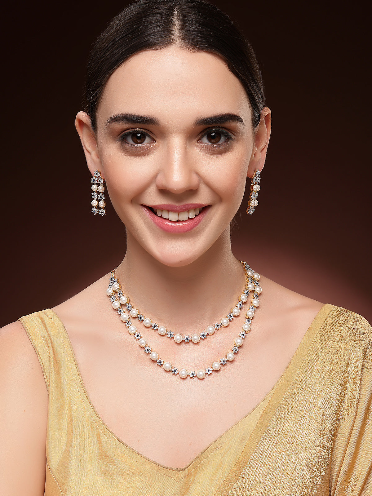 Sukkhi Elegant Blue Floral Design Gold Plated with CZ & Pearl Studded Brass Two Layered Collar Necklace with Drop Earrings Jewellery Set for Women|Latest Stylish Gifts for All Occasions|NS116040