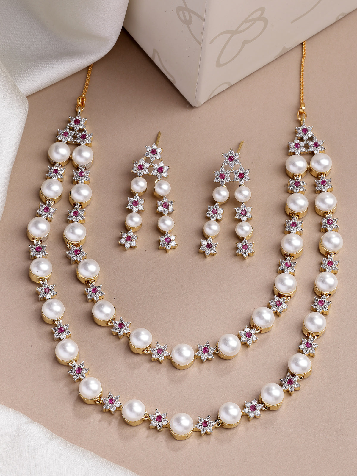 Sukkhi Beautiful Red Floral Design Gold Plated with CZ & Pearl Studded Brass Two Layered Collar Necklace with Drop Earrings Jewellery Set for Women|Latest Stylish Gifts for All Occasions|NS116041