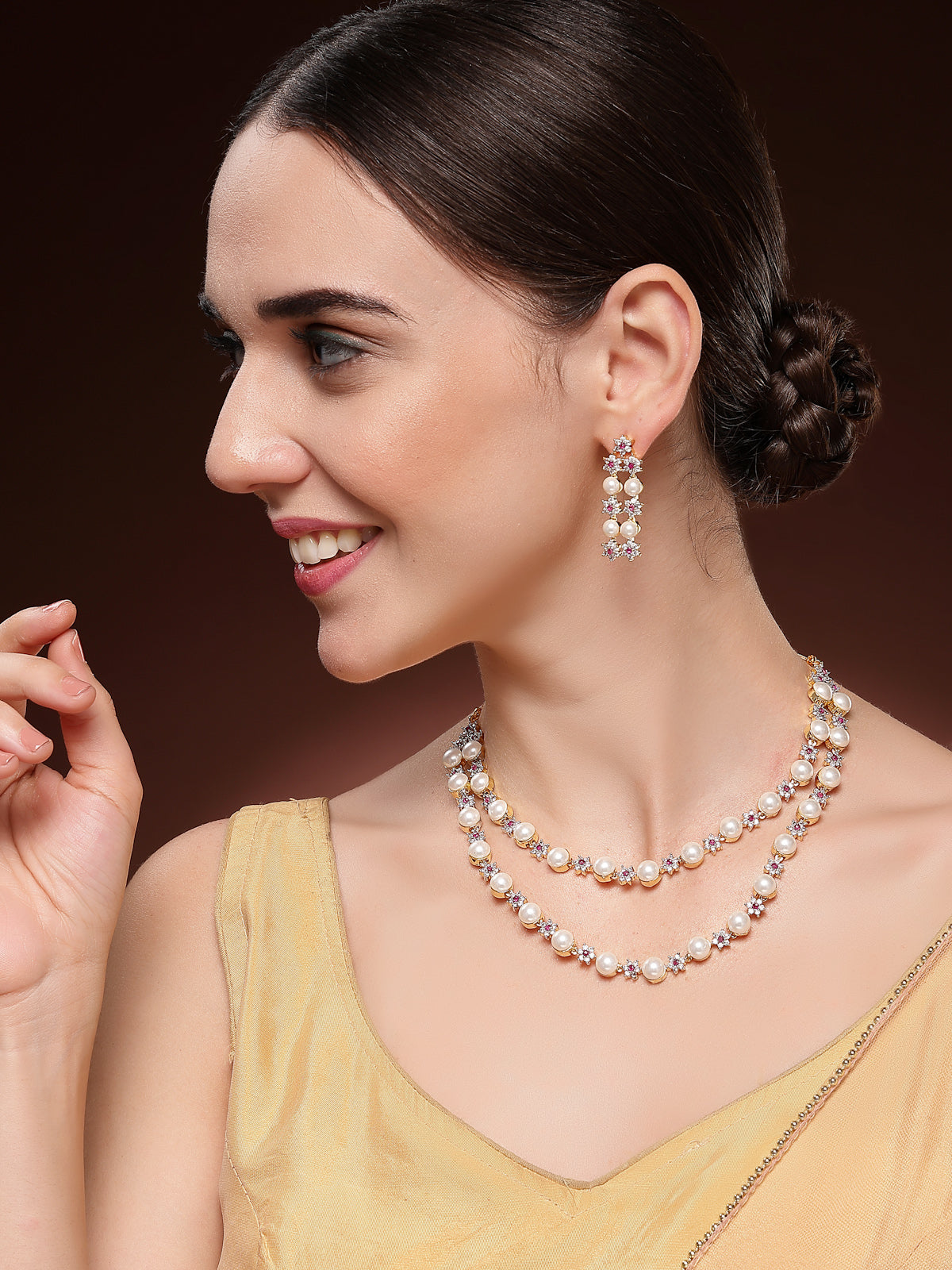 Sukkhi Beautiful Red Floral Design Gold Plated with CZ & Pearl Studded Brass Two Layered Collar Necklace with Drop Earrings Jewellery Set for Women|Latest Stylish Gifts for All Occasions|NS116041