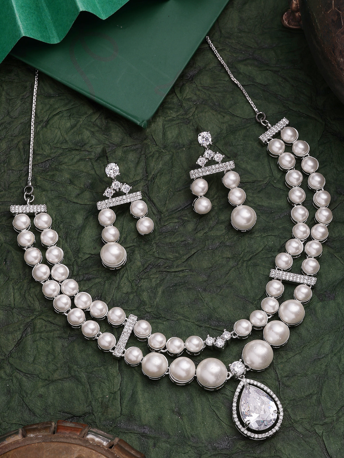 Sukkhi Classic Pear Design Rhodium Plated with CZ & Pearl Studded Brass White Two Layered Collar Necklace with Drop Earrings Jewellery Set for Women|Latest Stylish Gifts for All Occasions|NS116042