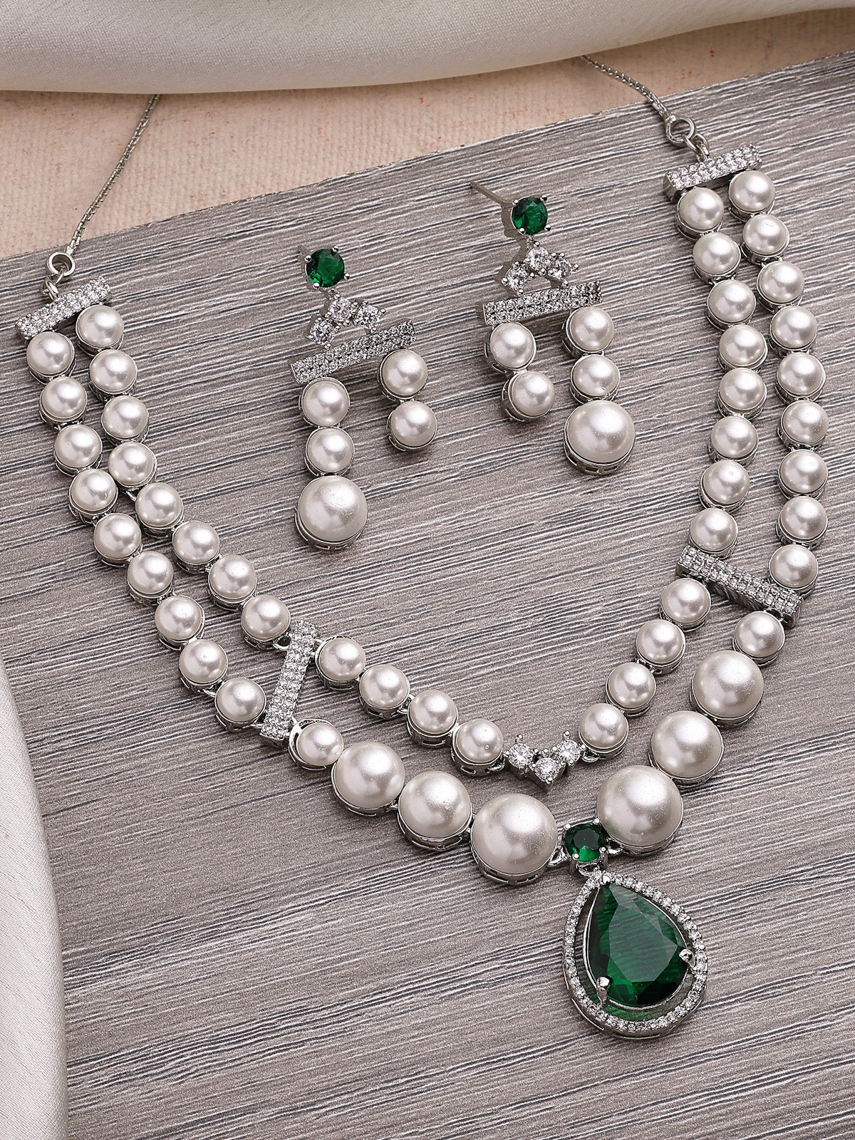 Sukkhi Elegant Green Pear Design Rhodium Plated with CZ & Pearl Studded Brass Two Layered Collar Necklace with Drop Earrings Jewellery Set for Women|Latest Stylish Gifts for All Occasions|NS116043