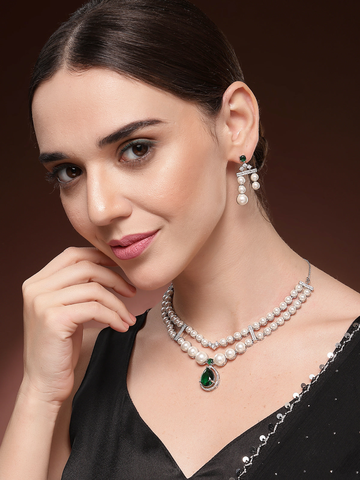 Sukkhi Elegant Green Pear Design Rhodium Plated with CZ & Pearl Studded Brass Two Layered Collar Necklace with Drop Earrings Jewellery Set for Women|Latest Stylish Gifts for All Occasions|NS116043