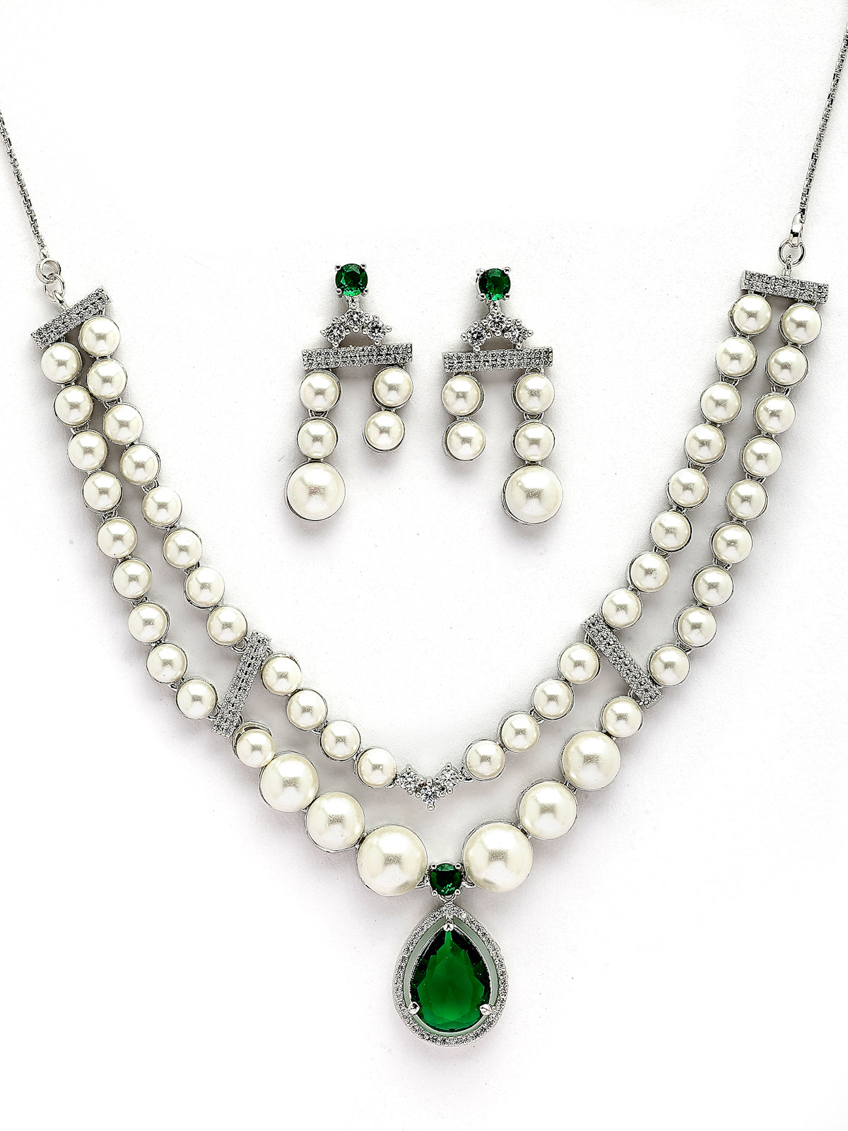 Sukkhi Elegant Green Pear Design Rhodium Plated with CZ & Pearl Studded Brass Two Layered Collar Necklace with Drop Earrings Jewellery Set for Women|Latest Stylish Gifts for All Occasions|NS116043