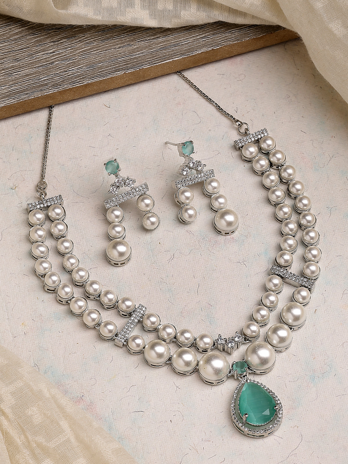 Sukkhi Seaside Pear Design Rhodium Plated with CZ & Pearl Studded Brass Mint Green Two Layered Collar Necklace & Drop Earrings Jewellery Set for Women|Latest Stylish Gifts for All Occasions|NS116044
