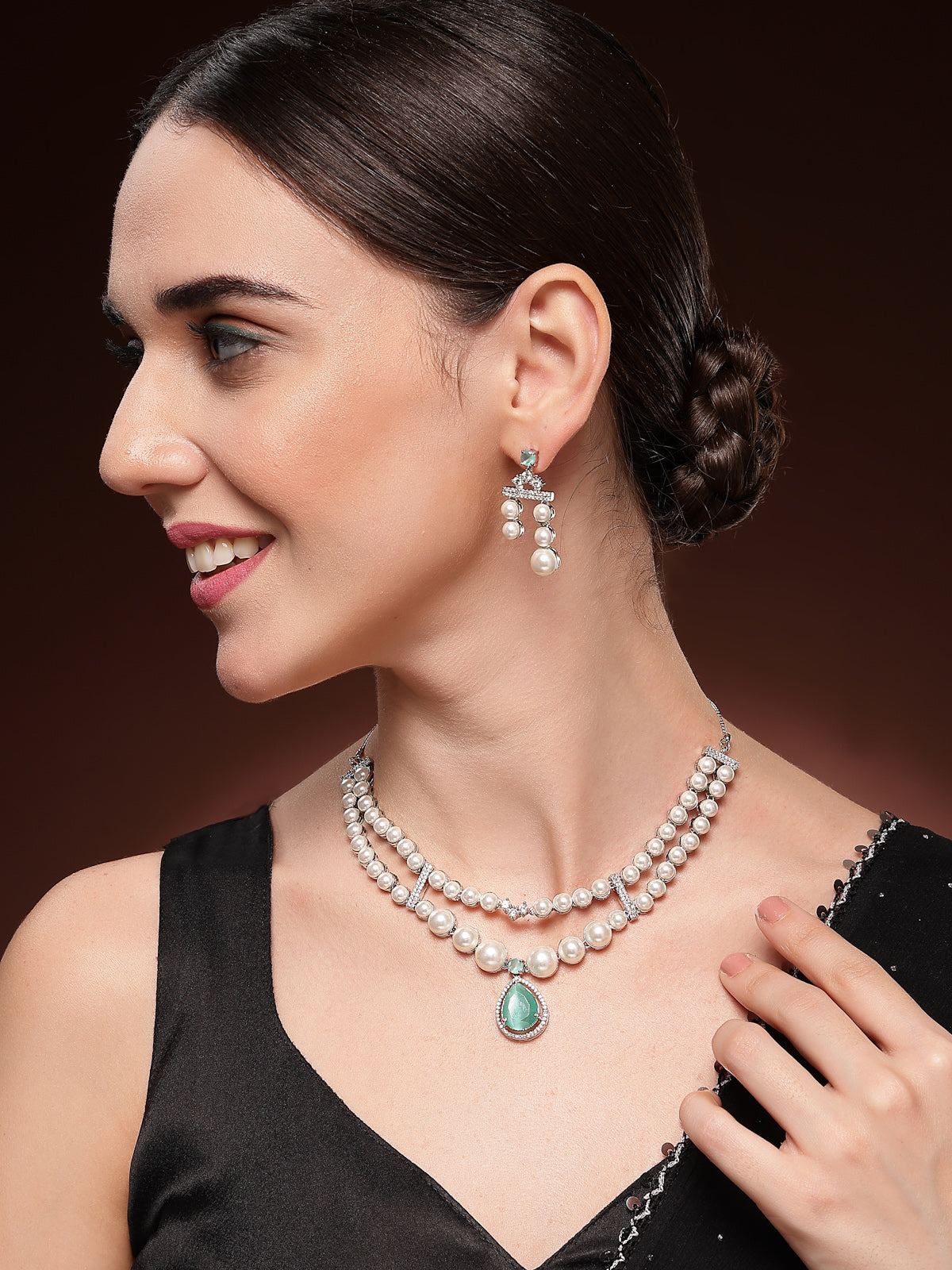 Sukkhi Seaside Pear Design Rhodium Plated with CZ & Pearl Studded Brass Mint Green Two Layered Collar Necklace & Drop Earrings Jewellery Set for Women|Latest Stylish Gifts for All Occasions|NS116044