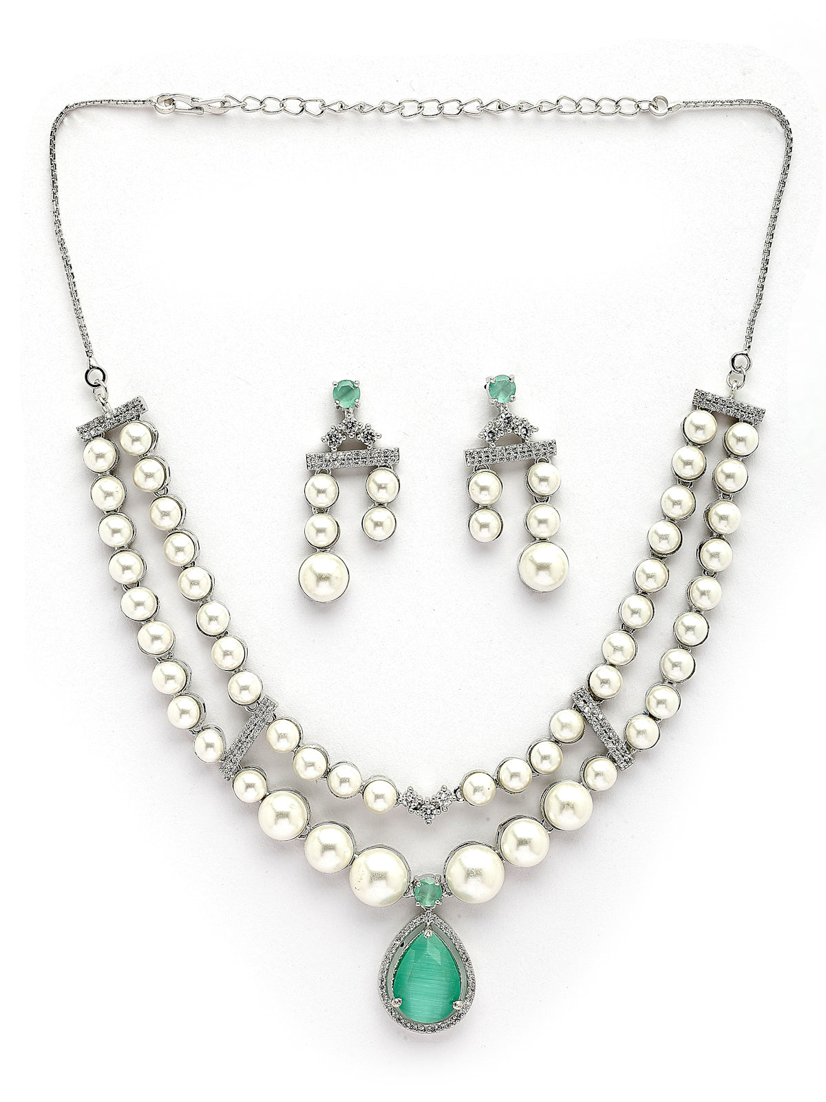 Sukkhi Seaside Pear Design Rhodium Plated with CZ & Pearl Studded Brass Mint Green Two Layered Collar Necklace & Drop Earrings Jewellery Set for Women|Latest Stylish Gifts for All Occasions|NS116044