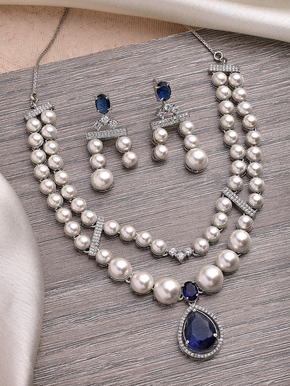 Sukkhi Vintage Pear Design Rhodium Plated with CZ & Pearl Studded Brass Silver Blue Two Layered Collar Necklace & Drop Earrings Jewellery Set for Women|Latest Stylish Gifts for All Occasions|NS116045