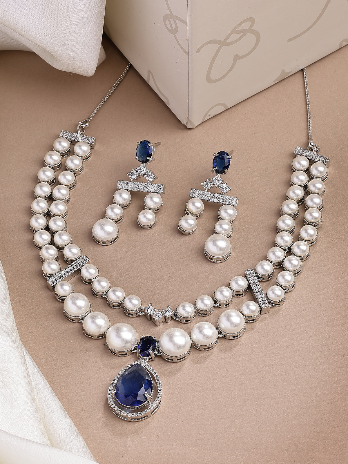 Sukkhi Vintage Pear Design Rhodium Plated with CZ & Pearl Studded Brass Silver Blue Two Layered Collar Necklace & Drop Earrings Jewellery Set for Women|Latest Stylish Gifts for All Occasions|NS116045