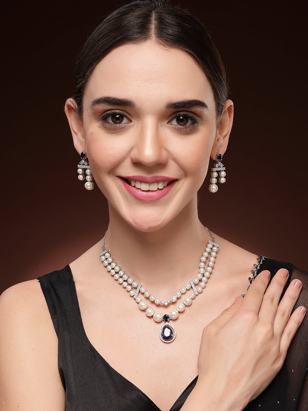 Sukkhi Vintage Pear Design Rhodium Plated with CZ & Pearl Studded Brass Silver Blue Two Layered Collar Necklace & Drop Earrings Jewellery Set for Women|Latest Stylish Gifts for All Occasions|NS116045
