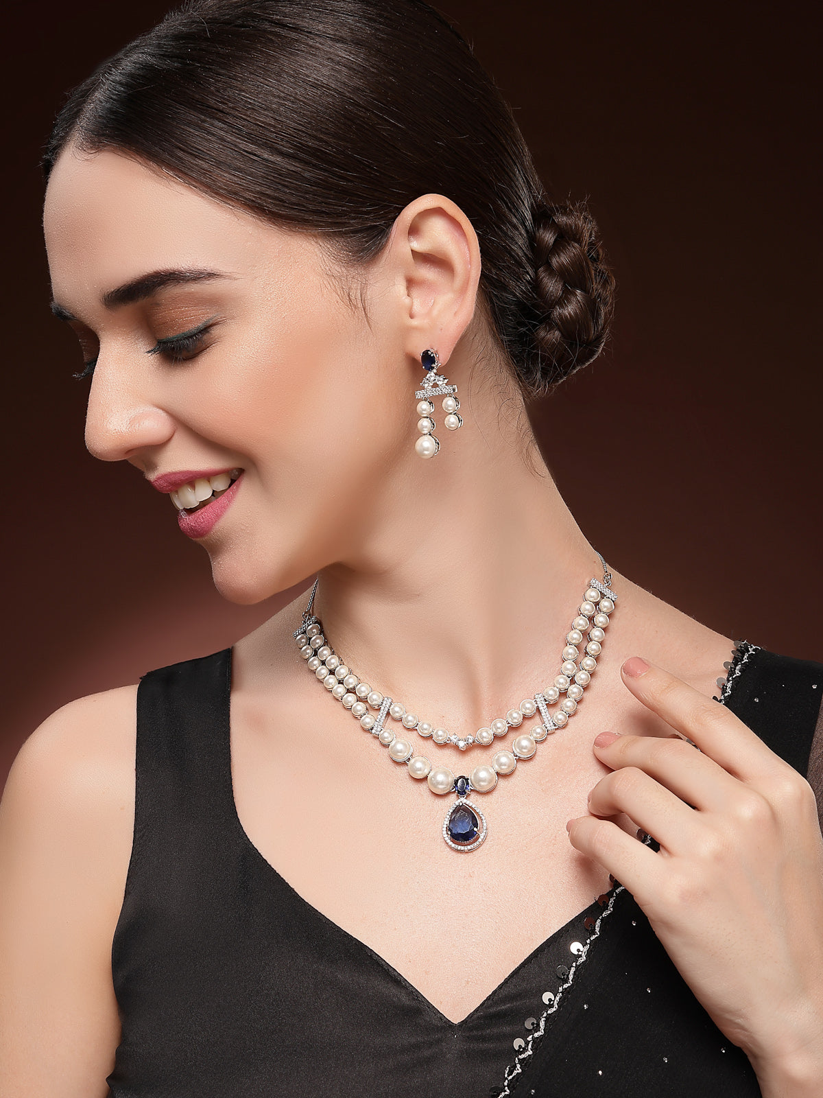 Sukkhi Vintage Pear Design Rhodium Plated with CZ & Pearl Studded Brass Silver Blue Two Layered Collar Necklace & Drop Earrings Jewellery Set for Women|Latest Stylish Gifts for All Occasions|NS116045