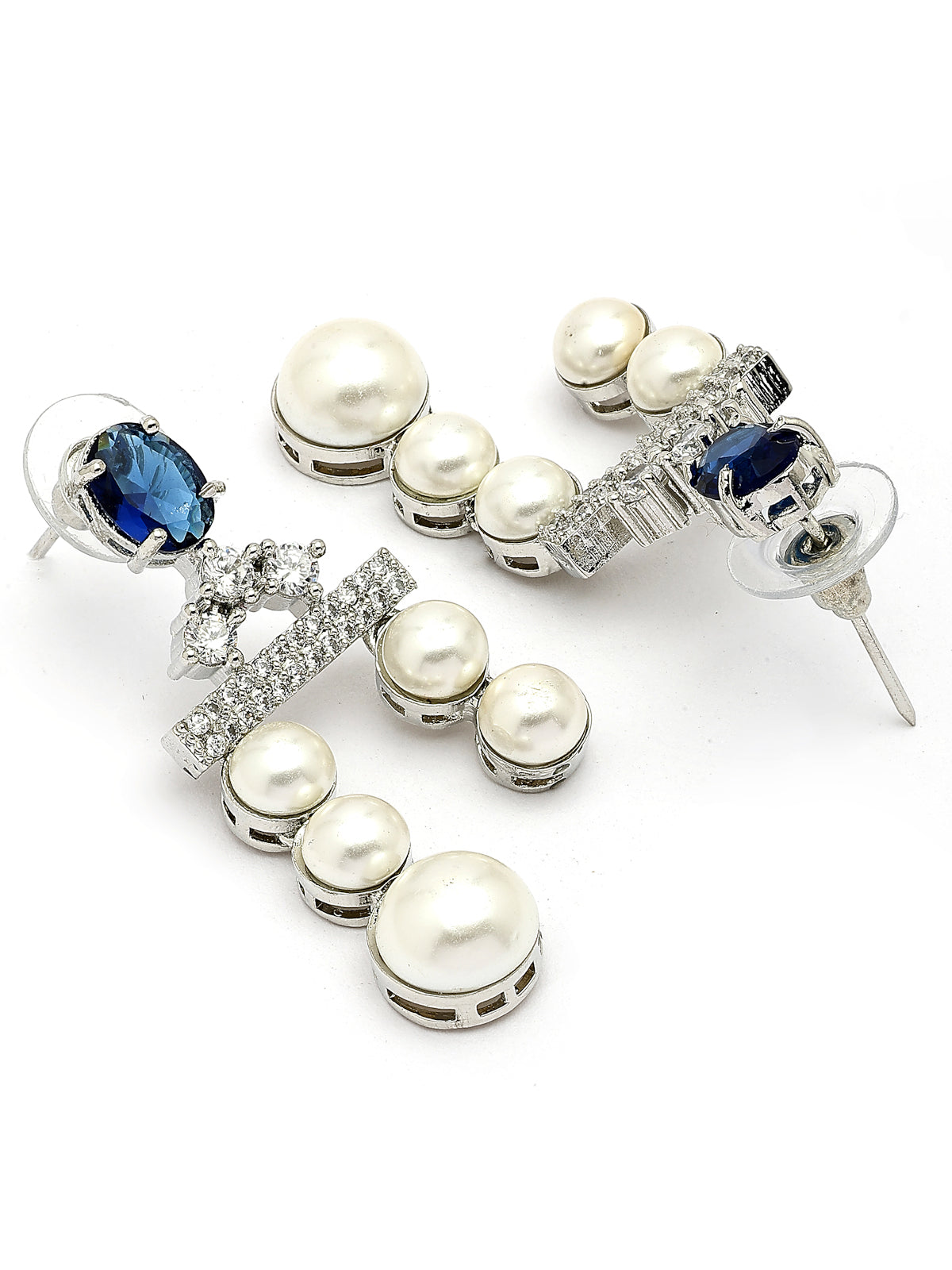 Sukkhi Vintage Pear Design Rhodium Plated with CZ & Pearl Studded Brass Silver Blue Two Layered Collar Necklace & Drop Earrings Jewellery Set for Women|Latest Stylish Gifts for All Occasions|NS116045