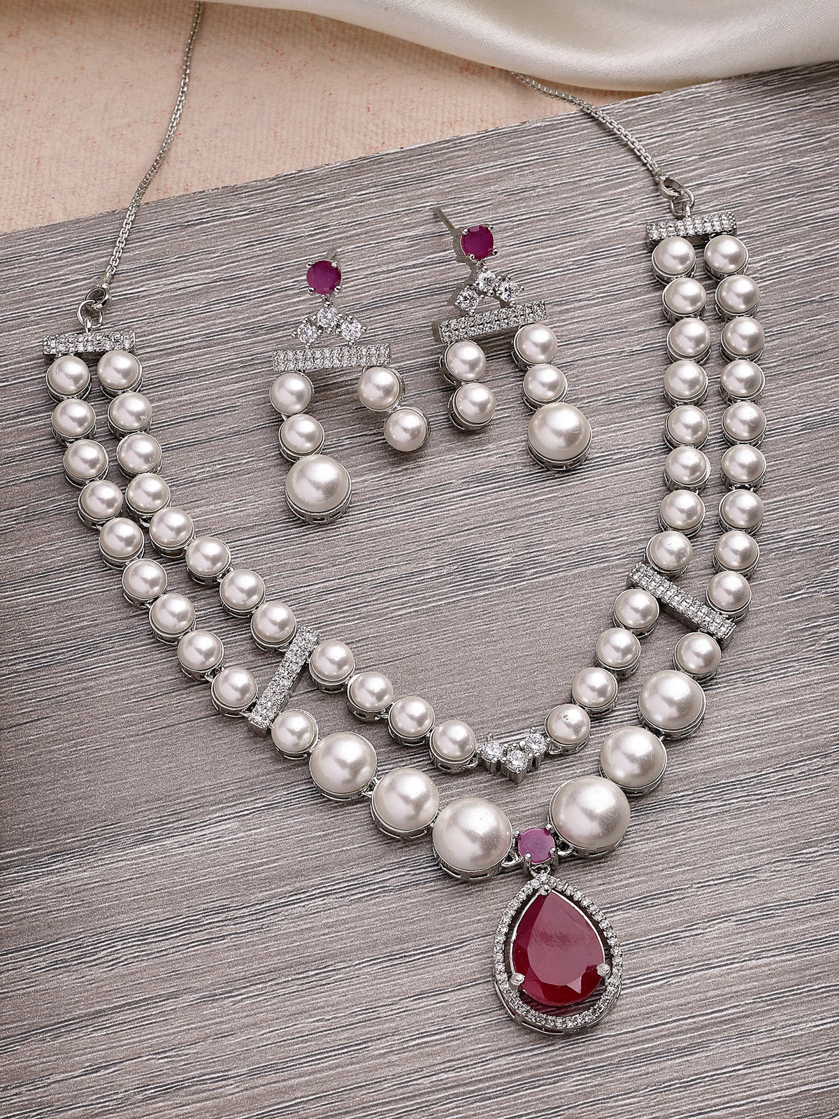Sukkhi Pretty Red Pear Design Rhodium Plated with CZ & Pearl Studded Brass Two Layered Collar Necklace With Drop Earrings Jewellery Set for Women|Latest Stylish Gifts for All Occasions|NS116046