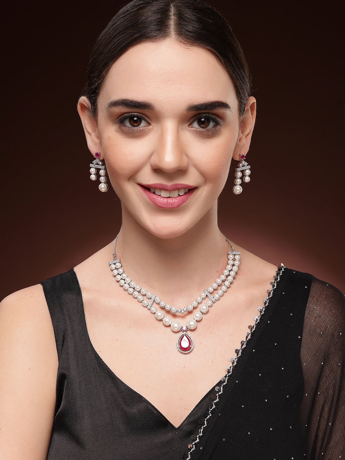 Sukkhi Pretty Red Pear Design Rhodium Plated with CZ & Pearl Studded Brass Two Layered Collar Necklace With Drop Earrings Jewellery Set for Women|Latest Stylish Gifts for All Occasions|NS116046