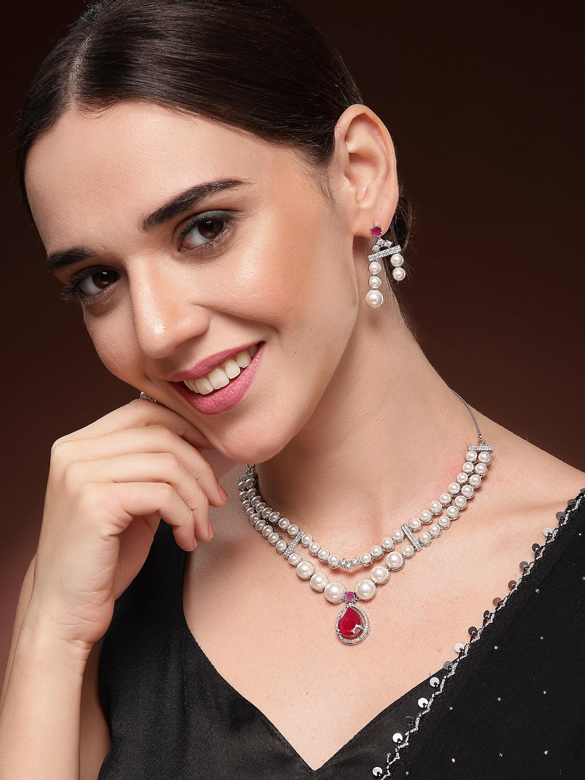 Sukkhi Pretty Red Pear Design Rhodium Plated with CZ & Pearl Studded Brass Two Layered Collar Necklace With Drop Earrings Jewellery Set for Women|Latest Stylish Gifts for All Occasions|NS116046