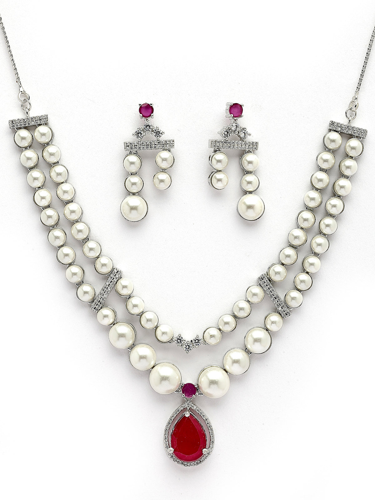 Sukkhi Pretty Red Pear Design Rhodium Plated with CZ & Pearl Studded Brass Two Layered Collar Necklace With Drop Earrings Jewellery Set for Women|Latest Stylish Gifts for All Occasions|NS116046
