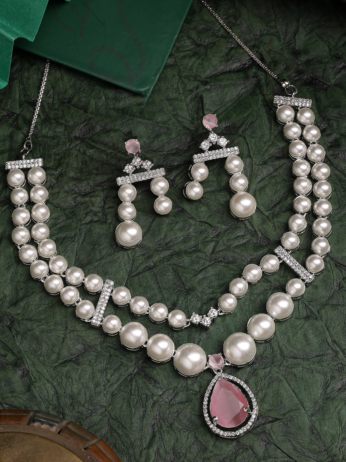 Sukkhi lovely Pink Pear Design Rhodium Plated with CZ & Pearl Studded Brass Two Layered Collar Necklace with Drop Earrings Jewellery Set for Women|Latest Stylish Gifts for All Occasions|NS116047